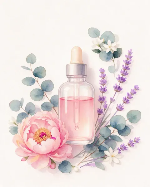 Ilustrasi watercolor botanik dengan botol serum dan daun, khas Rumah Cantik Sinta